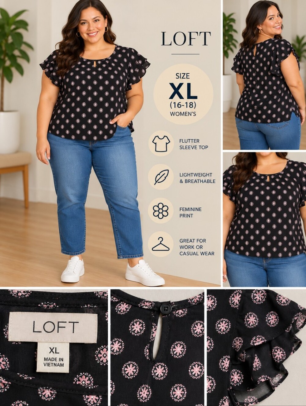 Loft Women's XL black pink design flare sleeve blouse #38